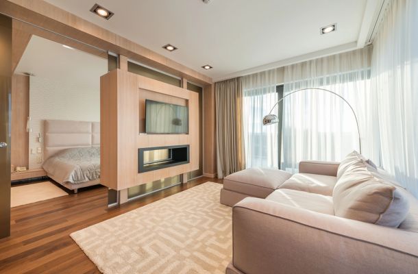 Mueble de pladur para TV y chimenea